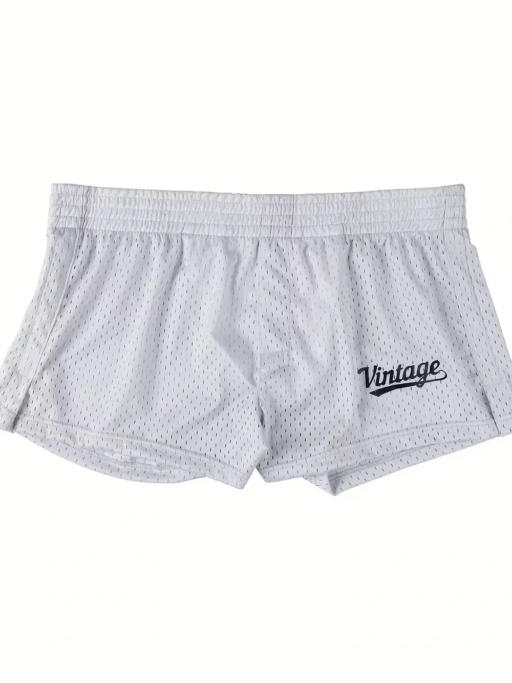 Vintage White Mesh Athletic Shorts with Navy Script Logo